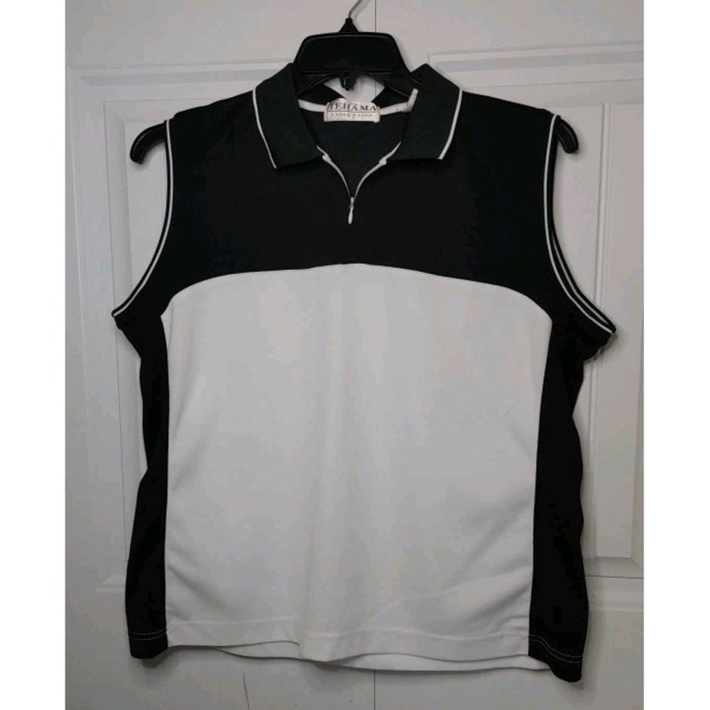 Tehama Performance Golf Polo Shirt Womens XL Tennis V-Neck Zip Black White Sport
